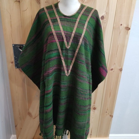 Womens M/L One Size Blanket Shawl Cape Poncho Stripes‎ Embellishments Boho - Picture 1 of 8